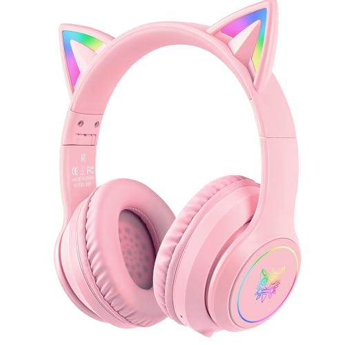 Bluetooth Kids Headphones with Microphone, Cat Ear LED Light Up and 85dB Volume Limited Toddlers Study Headphone, Wireless Foldable HI-FI sound Over-Ear School Headphones for iPhone/iPad/Laptop/PC - style: Kids-85dB
