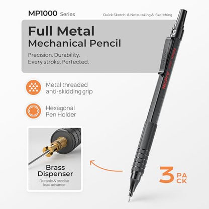 Nicpro 0.5 mm Mechanical Pencils Set with Case, Full Metal Pencil, 3 Pack | 480PCS HB Lead Refills, 3 Erasers,9 Eraser Refills For Architect Art Writing Drafting, Drawing, Engineering, Sketching, Black - color: Black, style: 0.5 MM