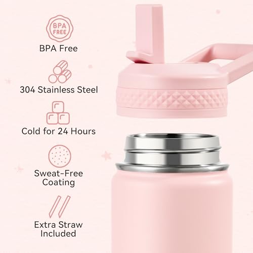 Fijinhom 12 oz Kids Water Bottle, Toddler Water Bottle with Straw, Boys&Girls Bottle for School, 304 Stainless Steel Vacuum Insulated Bottle for Kids, BPA-Free, Leak-Proof, Pink - color: Pink