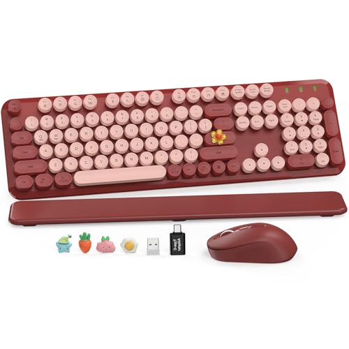Wireless Keyboard and Mouse Combo, Round Keycaps, Full-Size Retro Typewriter Keyboard with Magnetic Wrist Rest, Tilt Legs, 2.4GHz Cordless for Mac, Windows PC, Laptop, SABLUTE CK23, Burgundy Red - color: Burgundy Red