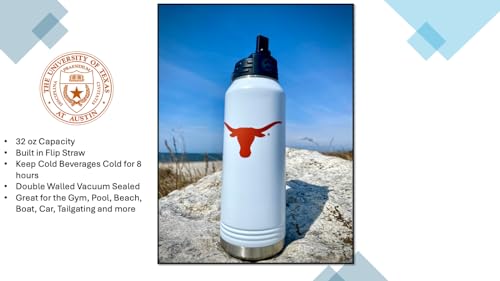 University of Texas at Austin 32oz Stainless Steel Double Walled White Beverage Bottle with Flip Straw Spout - College Gear for Playoff Season – For Office, Home or Auto – Show your Longhorn Pride - style: Texas / White