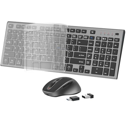 FENIFOX Wireless Keyboard and Mouse, Rechargeable USB C Combo Silent Quiet Compact Full Size Flat with Number Pad Soft Cover for Mac MacBook iMac Windows PC Laptop Computer Office - Black & Grey - color: Black Grey