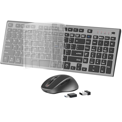 FENIFOX Wireless Keyboard and Mouse, Rechargeable USB C Combo Silent Quiet Compact Full Size Flat with Number Pad Soft Cover for Mac MacBook iMac Windows PC Laptop Computer Office - Black & Grey - color: Black Grey