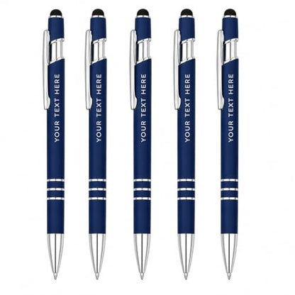 Ultima Softex Stylus Pen (5 Pack) – Soft‑Touch Rubberized Metal Pen with Touchscreen Stylus, Chrome Accents & Smooth Writing Cartridge – 5 Custom Engraved Promotional Pens - color: Blue