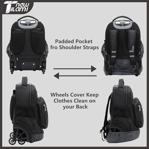 NEW TILAMI 16 Inch Rolling Backpack with Lunch Bag for Kids Adjustable Handle Carry-on Suitcase Wheels for Girls Boys School Travel Camping, Solid Black - color: Solid Black