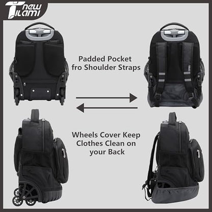 NEW TILAMI 16 Inch Rolling Backpack with Lunch Bag for Kids Adjustable Handle Carry-on Suitcase Wheels for Girls Boys School Travel Camping, Solid Black - color: Solid Black
