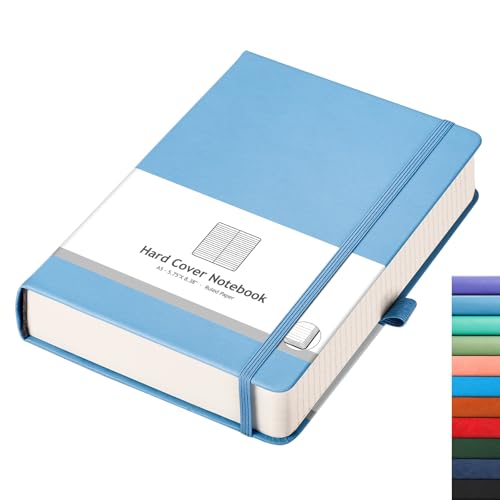 AHGXG Thick Notebook College Ruled, 320 Numbered Pages Lined Journal for Writing, A5 Notebooks for Work, 100gsm Paper, Faux Leather Hardcover, for Women, Men, Note-taking, 5.75'' X 8.38''-LightBlue - color: Light Blue, size: A5