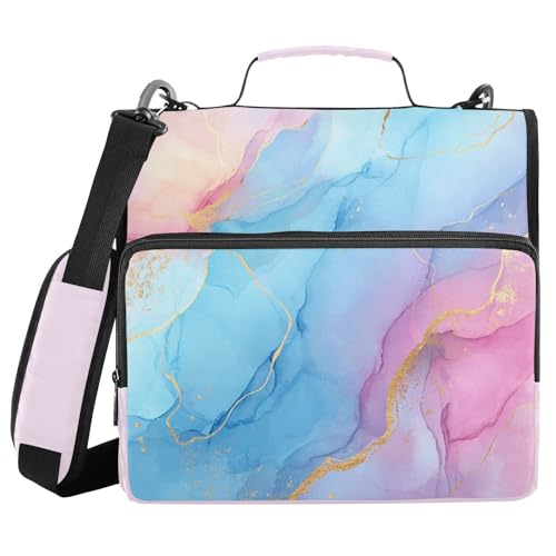 Blue Pink Marble Pattern 3 Ring Zipper Binder with Shoulder Strap & Handle 3 Inch D-Ring Zippered Bag with Pencil Pouch,Multiple Pocket & Expanding File Folder, Binder Organizer for School or Office - color: Art Tile Paint Light Blue