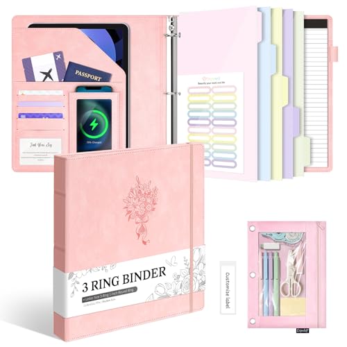 Ospelelf Leather 3 Ring Binder for Letter Size Documents with PVC Pocketed Dividers, Storage Bag & Notepad, 1 Inch Round Rings, Holds 175 Sheets, for Office School Home Organization, Flower Pink - color: Flower Pink