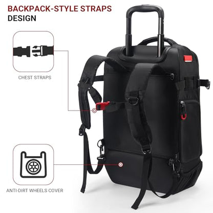 Rolling Backpack with Wheels – Airline Approved Underseat Carry-On Luggage 18x14x8, Water-Resistant Personal Item Bag with 2 Extra Replacement Wheels, Fits 15.6 Inch Laptop, Travel Backpack for Men