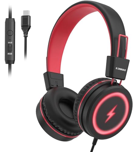 Kid Headphones for School, USB Type C Kids Headphone with LED Lights, Wired Boys Girls Headphones with Safe Limiter 85dB/94dB, Foldable On Ear Headphones with Microphones for School/iPad, Black - color: Red Black