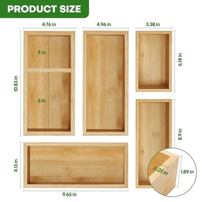 MapleGrace Bamboo Drawer Organizer Set, Individual Wood Storage Organizers | 5 PCS Multi-Use Junk Drawer Divider, Storage Trays Containers for Kitchen, Bathroom, Office Desk, Makeup, Jewelry, Utensils - size: 5