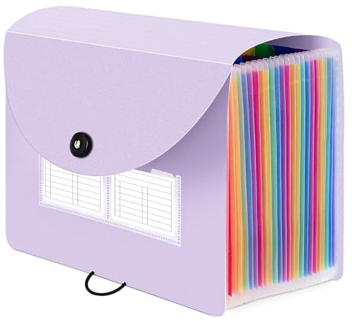 Sooez 24 Pockets Expanding File Folder with Blank Labels, According File Organizer with Expandable Cover, Desktop Accordion Folders Letter A4 Paper Document Storage Organizer, Purple - color: Purple