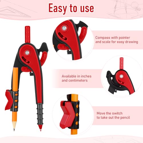 Zonon 2 Pcs Student Protractor and Compass, Student Geometry Math Set Drawing Compass and 180 Degree 6 Inch Protractor with Swing Arm for Drawing Measuring School Office (Red) - color: Red