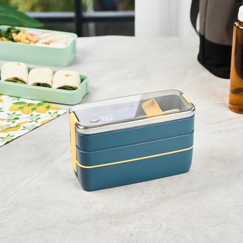 Restaurantware Bento Box 10 Count 30 Ounce Plastic Lunch Box Stackable With Cutlery, Leakproof Microwave-Safe Meal Prep Container Stackable Blue - size: 10 Count, style: 30 oz - Blue