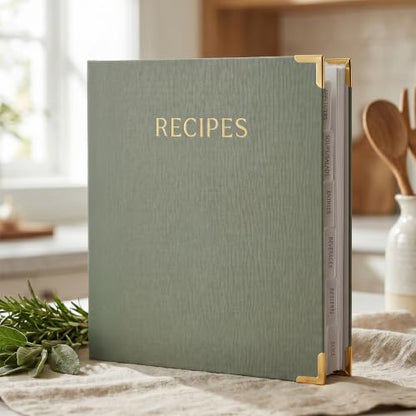 Aesthetic Recipe Binder with Polyester Waterproof Cloth Cover - The Perfect Recipe Book with Plastic Sleeves to Write in Your Own Recipes - Quality Blank Cookbook Binder, Cards incl. - color: Sage Green, size: Medium - 9.5x8.5"