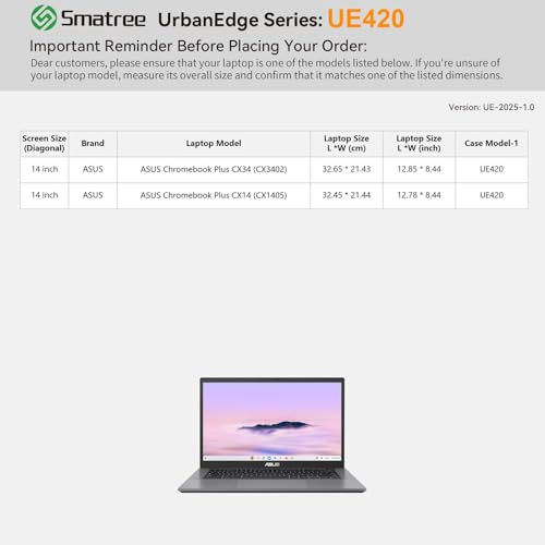 Smatree Urbanedge Laptop Sleeve Case for 14 inch ASUS Chromebook Plus CX3402/CX1405, Case with Accessory Pocket and Handle, Patented Super-Corner Shock Protection (UE420)