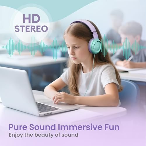 Acer Kids Headphones - 85/94dB Volume Limiter, Foldable Wired Over Ear Headphones for Travel, 3.5mm Jack, Toddler Headphones for School, Travel, iPad, Tablet, Purple Green, HK03 - color: Green-Purple Gradient