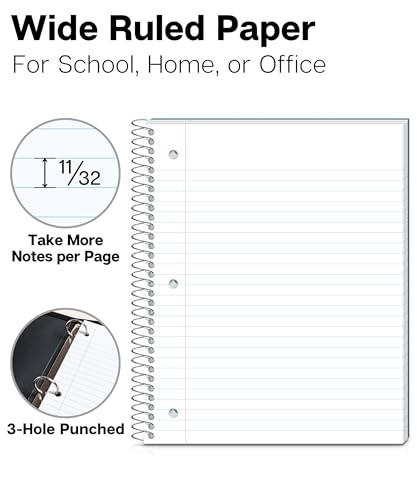 Dunwell 3-Subject Spiral Notebook, (Blue) Plastic Cover, 150 Sheets (300 Pages) Wide Ruled 8x10.5 Paper, 3-Hole Punched Perforated Pages, 3 Divider Folders with Pockets - color: Blue