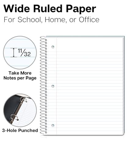 Dunwell 3-Subject Spiral Notebook, (Blue) Plastic Cover, 150 Sheets (300 Pages) Wide Ruled 8x10.5 Paper, 3-Hole Punched Perforated Pages, 3 Divider Folders with Pockets - color: Blue