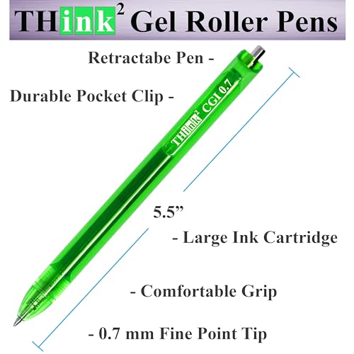 [24 Pens - Green Ink] Think2 0.7mm CGI Retractable Gel Pens. (24 Green) Medium Point Rollerball Pens with Smooth Quick Drying Ink. - color: Green
