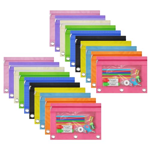 DoDoMagxanadu Binder Pencil Pouches, Pencil Pouch for 3 Ring Binder with Zipper Pulls, Clear Window Pencil Case for Binder, Zipper Pencil Pouches with Rivet Enforced 3 Ring, 20 Pack, 10 Color - color: Multicolored-20pack