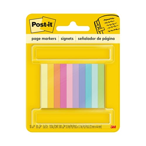 Post-it Page Markers, Assorted Bright Colors, 1/2 in x 2 in, 50 Markers/Pad, 10 Pads/Pack (670-10AB) - size: 500 Sheets