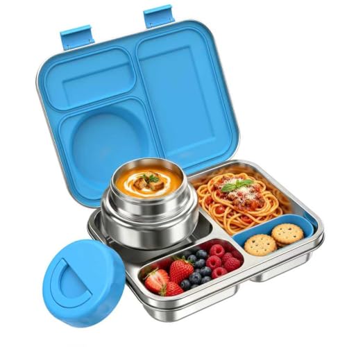 Stainless Steel Bento Lunch Box with 8oz Insulated Food Jar, 3 Compartment Metal Bento Lunch Container for Kids & Adults with Silicone Container and Food Thermo for Work & School, BPA-Free(Blue) - color: Blue