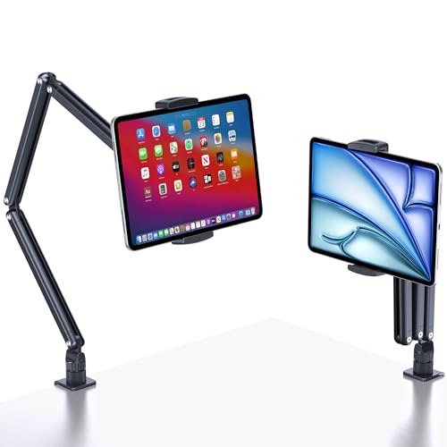 Tablet Desk Stand Holder, Extendable Arm Table Mount for iPad, Aluminum 360° Rotating Bracket with Metal Base, Compatible with 4.7-13 Inch Tablets, Phones, Samsung Galaxy, Kindle Fire HD