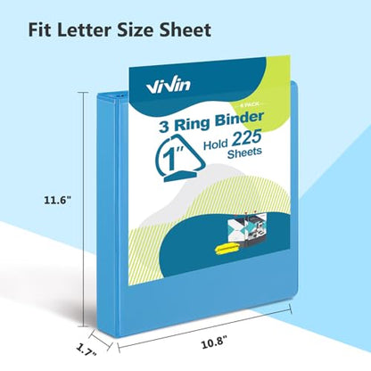 ViVin 튼튼한 2.5cm(1인치) D 링 바인더, 포켓 2개가 있는 링 바인더 3개, 사무실, 가정, 학교용, 미국 레터 사이즈 용지 225장 보관, 6팩 (라이트 블루) - color: 라이트 블루, size: 1인치