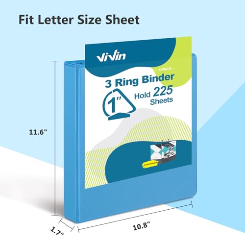 ViVin Sturdy 1 Inch D Ring Binders, 3 Ring Binders with 2 Pockets, Hold 225 Sheets of US Letter Size Paper for Office,Home,School, 6 Pack (Light Blue) - color: Light Blue, size: 1 Inch