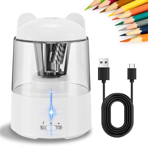 ZMOL Rechargeable Electric Pencil Sharpener, Auto Stop, Colored Pencil Sharpeners for Battery Powered Cute for Kids Gift No.2/Colored Pencils (6-8mm), Classroom/Office/Home White - color: White