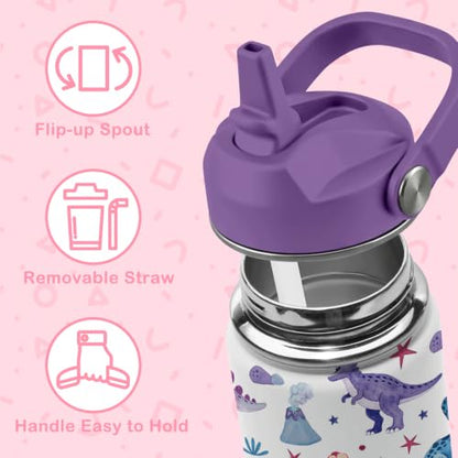 Hiboss Dinosaur Water Bottle for Kids, 16oz Kids Water Bottle Stainless Steel Insulated with Straw Lid, Purple Dino Travel Cup Tumbler Gift for Teens Girls Boys On School Sport - color: Dinosaur - 02