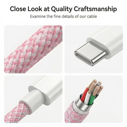 USB C to C Charger Cable, 60W, 3FT, 2-Pack, Pink | Fast Charging, Braided Nylon, for iPhone 17/16/15, MacBook iPad, Galaxy S25/S24 - color: Pink, size: 3FT+3FT