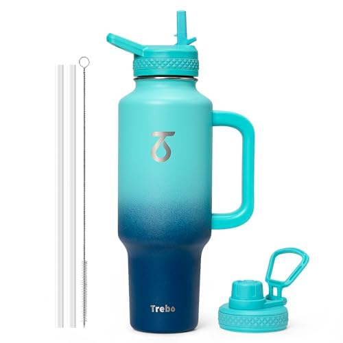 Trebo Insulated Water Bottle 40oz Fits in Car Cup Holder with Side Handle | Stainless Steel Metal Tumbler with Straw Spout Lids, Triple-Wall Vacuum Copper Plated, Cold 48 Hrs Hot 24 Hrs for Travel, Gym - color: Blue, size: 40 Ounces