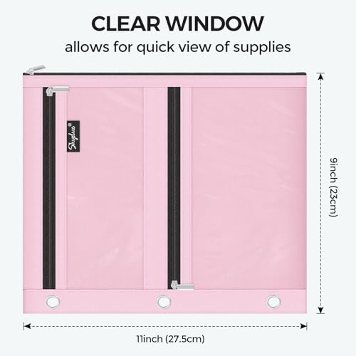 SKYDUE Pencil Pouch for 3 Ring Binder, 3 Compartment Zipper Pencil Case, Large Capacity Pen Organizer with Clear PVC Window for School Supplies, Students, Kids & Teachers - color: Pink