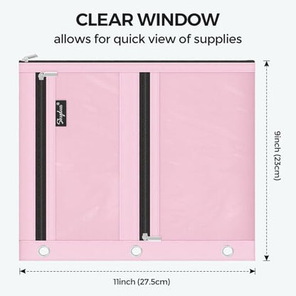 SKYDUE Pencil Pouch for 3 Ring Binder, 3 Compartment Zipper Pencil Case, Large Capacity Pen Organizer with Clear PVC Window for School Supplies, Students, Kids & Teachers - color: Pink
