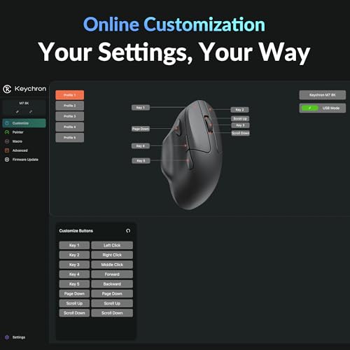Keychron M7 8K Wireless Mouse, 30K DPI Optical Computer Mice, 2.4 GHz/Bluetooth/Wired with Macro Button 66g Lightweight Ergonomic, Up to 140 Hours Worktime for Laptop macOS/Windows - Black - color: Black, style: 8K Polling Rate