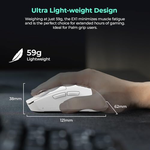 TECWARE EX1 Lightweight Gaming Mouse | 26K DPI Wireless Mouse with OLED Display | 59g Ultra-Light Design | RGB Charging Dock | Tri-Mode Connectivity 2.4GHz/Bluetooth/Wired with Grip Tape | White - color: White