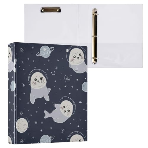 3 Ring Binder 1.5 Inch Ring Cute Seal in Space Binder Organizer for Letter Size Paper Cute Decorative Hardcover Round Ring Binders for School Office and Home - color: Cute Seal