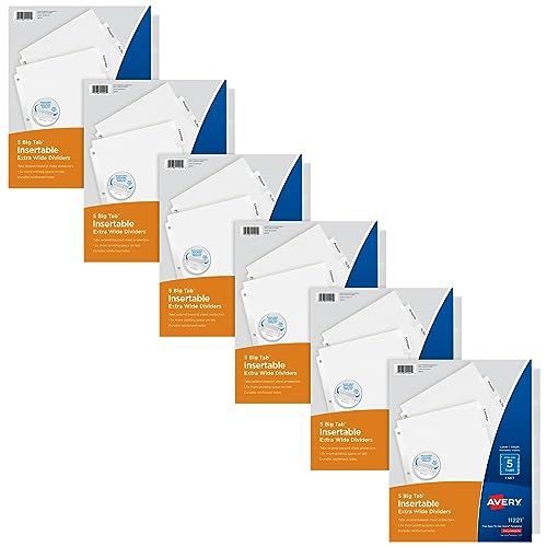 Avery Extra-Wide Big Tab Insertable Dividers for 3 Ring Binders, 5 Tab Sets, White Paper, Clear Tabs, Works With Sheet Protectors, 6 Sets (41121) - color: Clear, size: 5 tab, style: 6 Sets