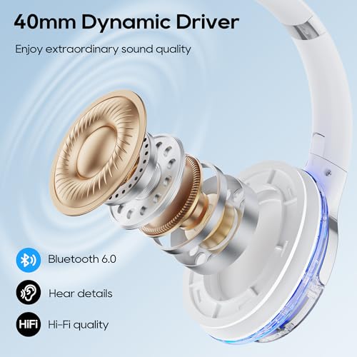 Bluetooth Headphones Over Ear with RGB Light | Foldable Lightweight Wireless Over Ear Headphone Bluetooth 6.0, 65H Playtime, Comfortable Breathable Working Gaming Travel - color: White