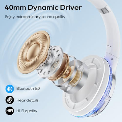 Bluetooth Headphones Over Ear with RGB Light | Foldable Lightweight Wireless Over Ear Headphone Bluetooth 6.0, 65H Playtime, Comfortable Breathable Working Gaming Travel - color: White
