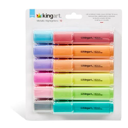KINGART Highlighters 12 Metallic Colors, Dual-tipped: Chisel and Fine - Modern Marking Pens for Writing, Paper, Water Resistant, Translucent Ink, Sketchbook Friendly