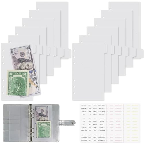 12-Pack A6 Binder Pockets with Index Tabs Sticker, Zipless 2 Layer Cash Envelopes for 6-Ring Binder, Money Folder Organizer for Budgeting Planner Inserts Supplies Accessories (Frosted) - color: Frosted