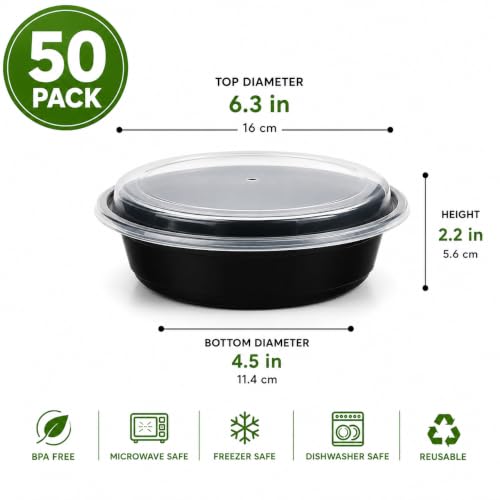 50 Pack Meal Prep Containers Reusable with Lids, Sturdy Leakproof Food Safe, Microwave Freezer Dishwasher Safe, To Go Take Out lunch Plastic Bento Food Storage Pans, BPA Free - Black (16 oz) - size: 16 oz