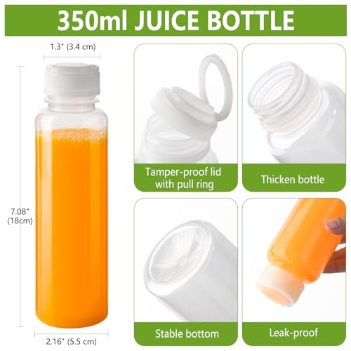 zmybcpack 12 Pack 12oz Plastic Juice Bottle with Cap Dishwasher Safe | Reusable Juicing Bottles Heat-Resistant, Bulk Beverage Containers with Lids for Juice (Handheld Pull Ring Cap) - size: 12oz 12pack (white lids)