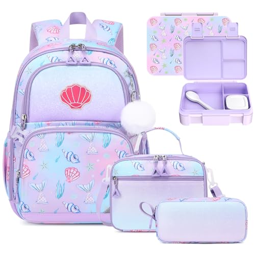 Kids Backpack for Girls - 4PCS Girls Backpack Bento Box with Lunch Bag & Utensils Set for Kids - 4 Leakproof Compartments Removable Tray Lunches or Snack Container for School - color: 4pcs C Purple Shell
