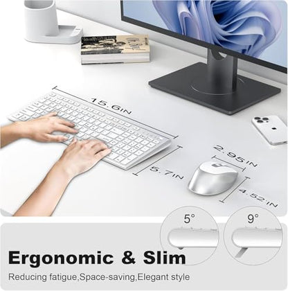 FENIFOX Wireless Keyboard and Mouse, Rechargeable USB C Combo Silent Quiet Compact Full Size Flat with Number Pad Soft Cover for Mac MacBook iMac Windows PC Laptop Computer Office - White & Silver - color: Silver