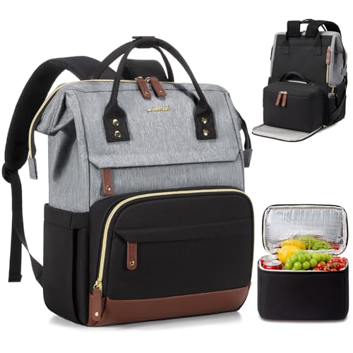 LOVEVOOK Lunch Backpack for Women, 15.6 Inch Laptop Backpack with Insulated Lunch Compartment,Built-in Cooler Work Bag,Wide Open Computer Backpack with Tumbler Holder,Water-Resistant Nurse Teacher Bag - color: Gray-carbon-brown
